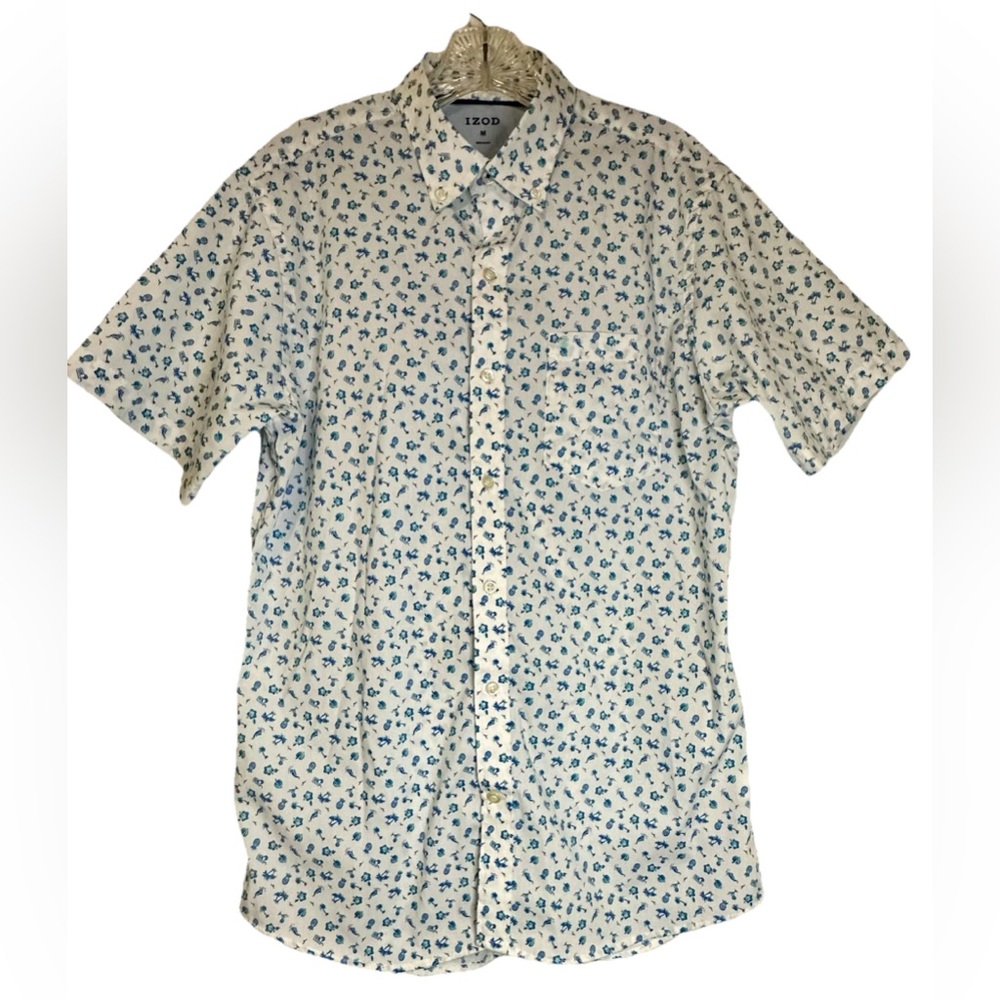 IZOD Men’s White Blue Floral Martini Palm Pineapple Short Sleeve Button Shirt‎ M